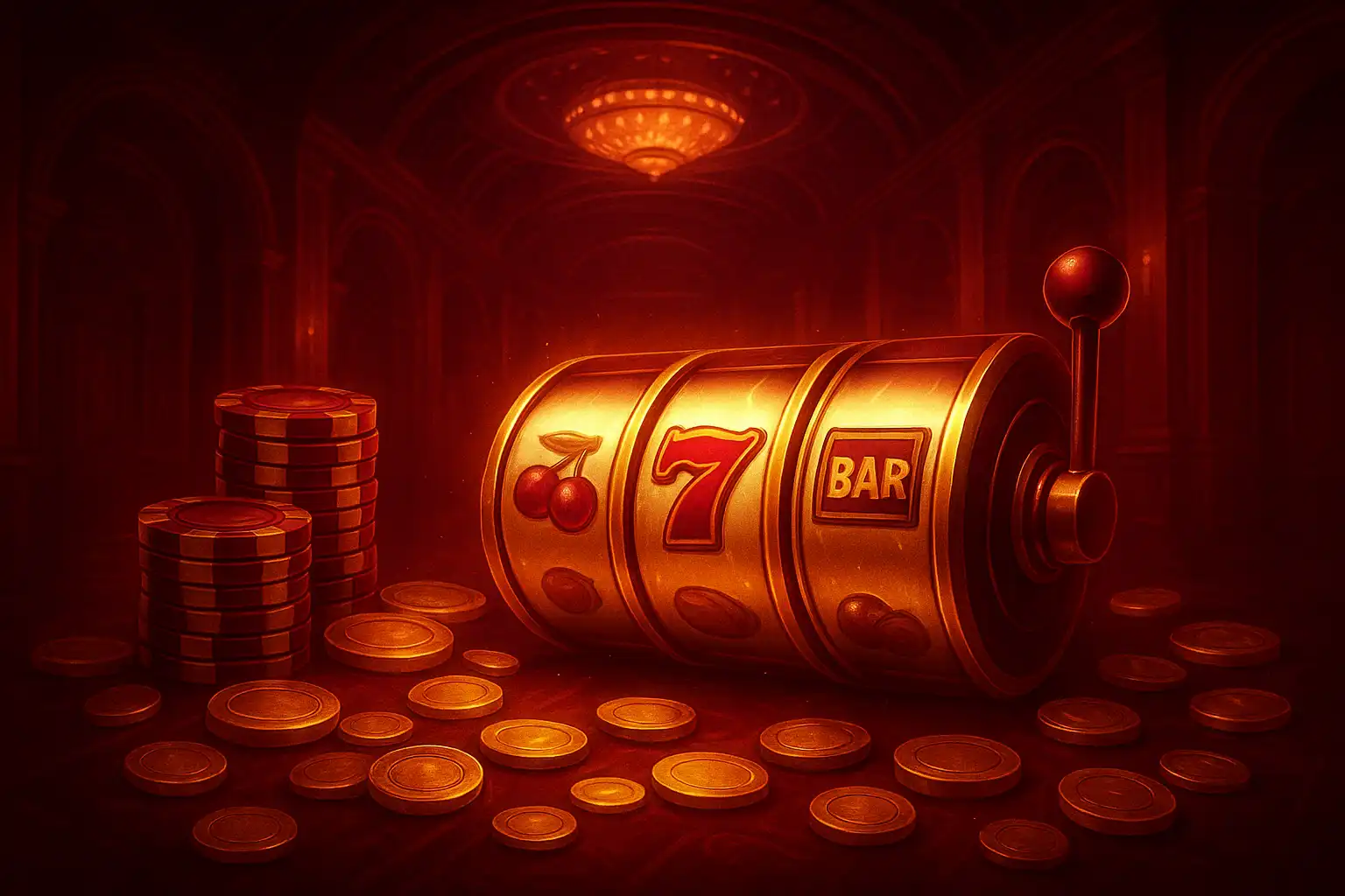 Illustration of a burgundy and gold casino lobby with glowing slot reels and stacked chips