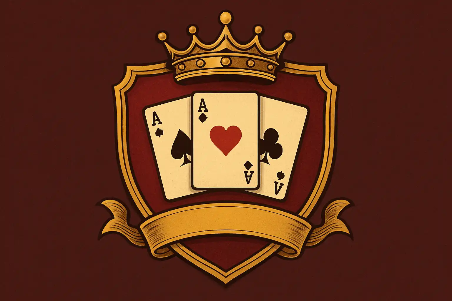 Stylised casino emblem with a crown, cards and gold trim on a burgundy shield