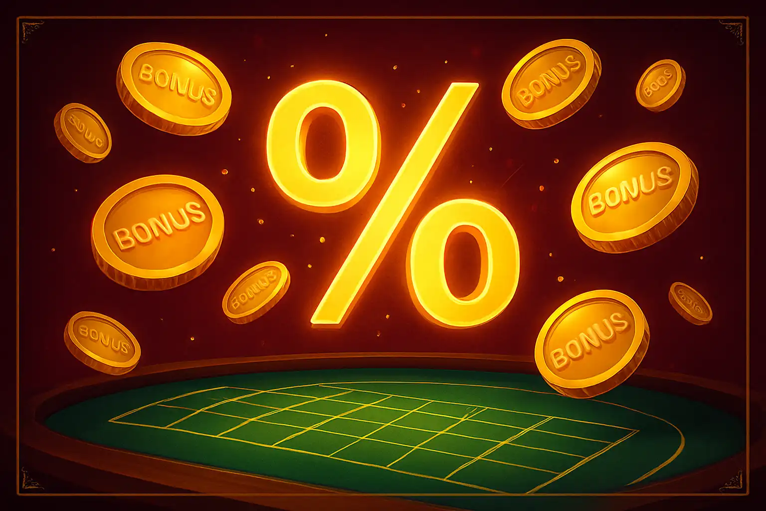 Golden bonus coins and a percentage symbol on a deep ruby background