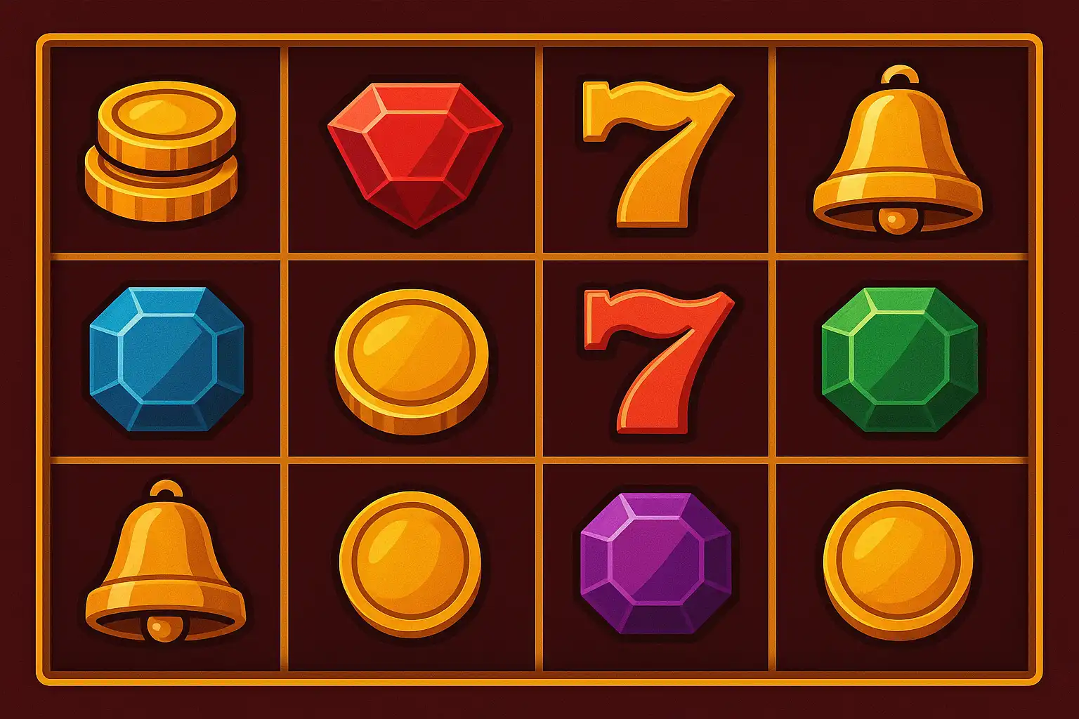Grid of colourful slot machine symbols including gold coins and gemstones on a burgundy background